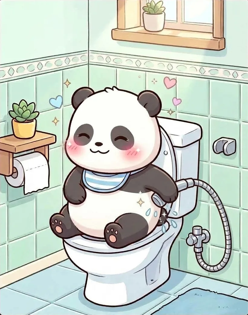 Le même panda aux anges, joues roses, la douchette en main derrière lui
